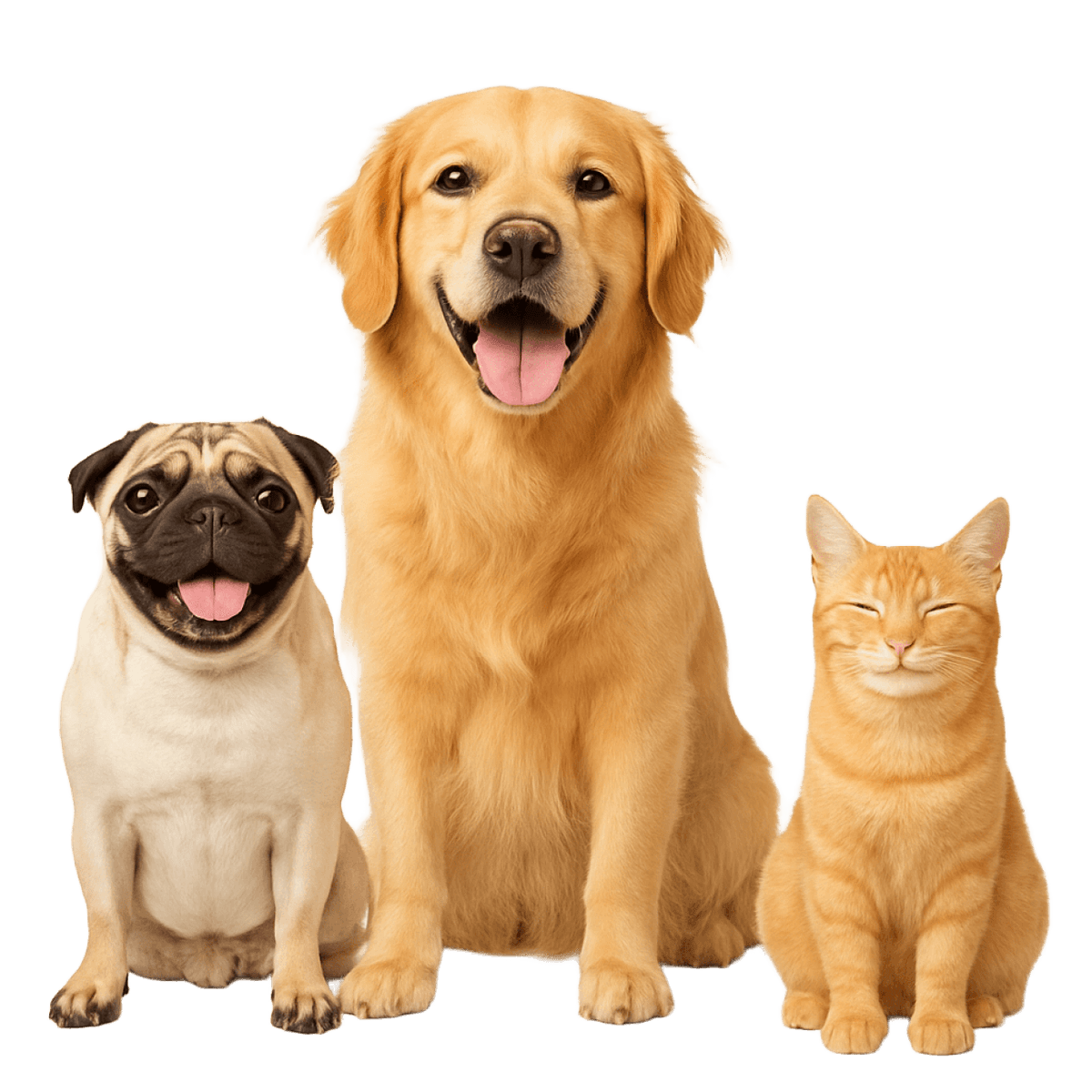 Happy pets - Golden Retriever, Pug and Orange Cat sitting together